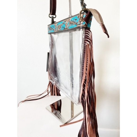 Myra Western Fringe Clear Crossbody Stadium Bag - Hand Tooled Leather - Picture 4 of 6